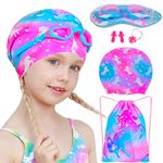 Kids Swim Caps for Girls, Silicone Swimming Cap for Kids Children, Waterproof Swimming and Bathing Caps for Girls with Ear Plugs & Nose Clip & Swimming Goggles and Swim Bag