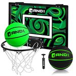 AND1 Mini Basketball Hoop: 18ââ‚¬Âx12ââ‚¬Â Pre-Assembled Portable Over The Door with Flex Rim, Includes Two Deflated 5ââ‚¬Â Mini Basketball with Pump, for Indoor, Green/Black