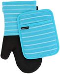 Cuisinart Neoprene Oven Mitts and Potholder Set -Heat Resistant Oven Gloves to Protect Hands and Surfaces with Non-Slip Grip, Hanging Loop-Ideal for Handling Hot Cookware, Twill Stripe Blue Curacao