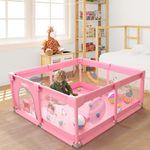 Baybee Playards Playpen for Babies, Smart Portable Baby Activity Play Area for Kids Indoor with Lock & Suction Cup, Play Gate Fence Playard for Kids Toddlers up to 5 Years (125 * 125CM Pink)