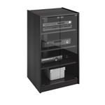 Corliving 4-Tier Media Stand, DVD Storage Cabinet with 3 Adjustable Shelves, Tempered Glass Doors, and Cable Management, Black