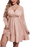 IN'VOLAND Plus Size Women's Sexy Glitter Deep V Neck Dress Long Sleeve Mini Club Party Dresses Rose Gold