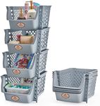 Titan Mall Plastic Stackable Storage Bins 4 Pack, Stacking Bins Open Front for Kicthen, Garage and Bathroom Cabinet Organizer for Fruit, Vegetable, Snack Organization Basket Grey (Made In USA)