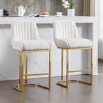 Wahson Breakfast Bar Stools Set of 2 Velvet Counter Chairs with Backrest & Golden Base, Kitchen Bar Chairs Counter Stools for Home Bar, White