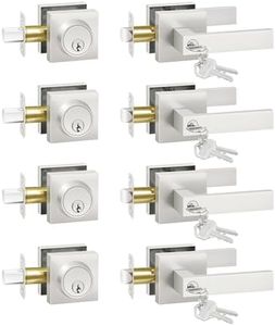 Camtek Door Locks for Front Door, Exterior Door Handle with Single Cylinder Deadbolt Lock, Flat Square Brushed Nickel Door Handle for Front Door, 4 Pack (All Same Keyed Alike)