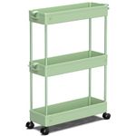 SPACEKEEPER Storage Trolley 3-Tier Slim Storage Cart Slide Out Rolling Utility Cart Mobile Shelving Unit Trolley Organizer Cart for Kitchen Bathroom Laundry Office, Plastic, Green