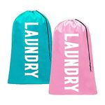 2 Pack Extra Large Laundry Bag Foldable Storage Bag with Drawstring Cord Lock Closure, Travel Laundry Bag for Blanket Duvet Shoes Toys Bedding Fabric Camping Storage Organizer, Blue/Pink