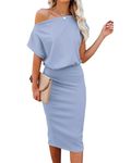 Ezbelle Women's 2024 Summer Dress Off The Shoulder Short Sleeve Ribbed Casual Party Bodycon Midi Dresses, Blue, 20-22