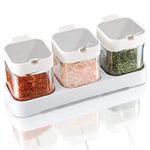 Mlici 9 oz Condiments Container Seasoning Jars, Kitchen Spicy Jars with Lids and Spoons, Tea Coffee Sugar Canisters Glass Spice Box, Set of 3 for Coffee Shop - White