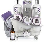 Bath Gift Basket Set for Women: Relaxing at Home Spa Kit Scented with Lavender - Includes Large Bath Bombs, Salts, Shower Gel, Body Butter Lotion, Bath Oil, Bubble Bath, Loofah and More