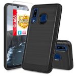 TJS Case for Samsung Galaxy A20/Galaxy A30/Galaxy A50, with [Full Coverage Tempered Glass Screen Protector] Hybrid Shockproof Protection Phone Cover Metallic Brush Finish Hard Inner Layer (Black)