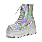 Cape Robbin Radio Holographic Platform Ankle Boots with Chunky Block Heels for Women, Holographic, 11