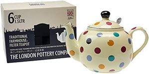 London Pottery 78416 Farmhouse Polka Dot Teapot with Infuser, Ceramic, Ivory/Multicolour Polka Dots, 6 Cups (1.5 Litre)