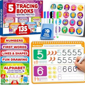 QUOKKA Tracing Books for Kids Ages 3-5 Set – 5 Reusable Dry Erase Activity Books for Kids Ages 3-5 - Writing Practice Kit with Markers - Preschool Learning Quiet Time Travel