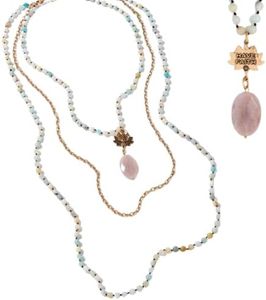 Katia Designs Long chain Fusion Amazonite Beaded Necklace – 60" Fusion Chain with Lotus Pendant & Faceted Peach Quartz – “Have Faith” Inscription – Boho Jewelry with Quick-Connect Clasp, Nickel-Free (Gold)