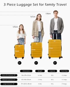 COOLIFE 3-Piece Luggage Set – Lightweight ABS+PC Suitcases, Lemon Yellow