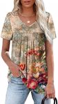 Womens Tops Short Sleeve Summer Shirts V Neck Retro Boho Floral Print Ladies Tops and Blouses Tshirts L