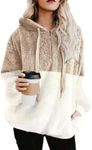 BETTE BOUTIK Women Casual Double Fuzzy Sweatshirt Faux Fleece Zip Pullover Hoodies Coat Outwear Block Khaki S