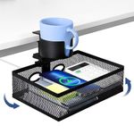 ROLIZOE 360 Rotating Under Desk Drawer with Cup Holder & Wire Holes Mesh Metal Under Desk Organizer Clamp On No Drilling Anti-Slip Under Desk Storage Hidden Under Desk Pencil Drawer for Home Office