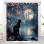 JONSEQIN Black Cat Under The Full Moon Cherry Blossoms Tree Shower Curtain Rustic Floral Farmhouse Animals Kitten Asia Japanese Chinese Style Ink Painting Bathroom Decor Curtains 70x70 inch with Hook