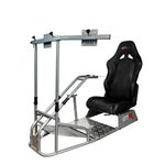 GTR Simulator GTS-F Model Silver Frame Triple | Single Monitor Stand with Black Adjustable Leatherette Seat Racing Driving Gaming Simulator Cockpit Chair