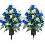 Kukooka Artificial Cemetery Flowers, Grave Memorial Flowers with Vase, Artificial Rose Bouquet Decoration for Cemetery Headstones Gravesites, Set of 2 (Dark Blue & White), DBW24T