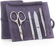 GERMANIKURE 4pc Mini Professional Manicure Set in Purple Suede Case - FINOX Stainless Steel Tools Made in Solingen Germany, Glass Nail Care Supplies Made in Czech Republic