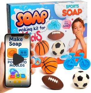Soap Making Kit for Kids – DIY Soap Making Kit with Sports Shaped Soap Moulds (Basketball, Football, Soccer & Bicycle) Soap Making Supplies that Promote Hygiene DIY Kits for Kids Mobile App Included