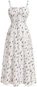 Women Floral Corset Dress: Sleeveless Square Neck Spaghetti Straps Dress Boho Casual Holiday Beach Cocktail Evening Party Photo Shoot Flowy Midi Bustier Sundress White+Green Floral XL