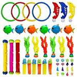 WLSCTY Diving Pool Toys for Kids,44PCS Water Toys Underwater Swimming Toys Fish Seaweeds Diving Rings Sticks Aquatic Creatures Dolphin Stringy Octopus Diving Training with Storage Bag for Boys/Girls