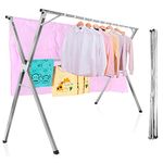 BQKOZFIN 2.4M Retractable Stainless Steel Clothes Drying Rack with 20 PP Windproof Hooks Free Installed Folding Garment Rack for Home, Silver