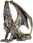 HEINBOW Steampunk Dragon Statue Gothic Retro Mechanical Gear Sitting Dragon Metallic Look Resin Sculpture for Home Decor 12'' High