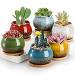 TOPZEA Set of 6 Succulent Plant Pots, 4 Inch Glazed Ceramic Pots with Drainage and Saucer, Mini Bonsai Planter Small Flower Pots for Indoor Outdoor Use