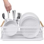 Navaris Dish Drainer Rack - Plate, Cutlery, Pots and Pans Drying Rack for Kitchen with Beechwood Handles - Modern Retro Design Drip Tray - White