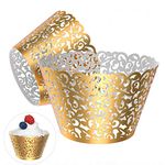 Gospire 50 pcs Pearl Lace Filigree Wedding Cupcake Wrapper Baking Cake Cups Wraps Party Decoration Laser Cut (Bright Gold)