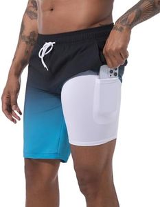 difficort Mens Swim Trunks 9" Quick Dry Bathing Suit Board Shorts with Compression Liner and Zipper Pocket,Black Grey Blue Gradient,2X-Large