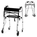 Goplus Walkers for Seniors, 4-in-1 Folding Walker with 5’’ Wheels, Detachable Seat, Height Adjustable Stand Up Walker, Medical Walking Mobility Aid, 350lbs Rolling Walker for Adult Bariatric Handicap