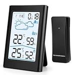 Weather Station, Wireless Thermometer Hygrometer Barometer Indoor Outdoor with LED Sensor Backlit Screen Digital Clock Alarm and Snooze Display Time Date Day