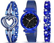 Acnos Stainless Steel Premium Brand Watch Analogue Diamond Black Dial Blue Magnet Watch With Gift Bracelet For Women Or Girls And Watch For Girl Or Women (Combo Of 3), Blue Band