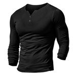 Mens Long Sleeve Henleys T-Shirts Buttons Placket Plain v Neck Cotton Shirts Cotton Style B Black S