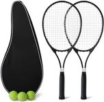 Amazon Basics Tennis Racket Set, 2 Adult 68.5cm Racquets with 3 Balls and 2 Overgrips, Lightweight, Black