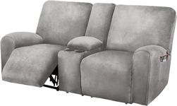 Reclining Love Seat with Middle Console Slipcover, 8-Piece Velvet Stretch Loveseat Reclining Sofa Covers, 2 seat Loveseat Recliner Cover, Thick, Soft, Washable, Loveseat Slipcovers (Light Grey)