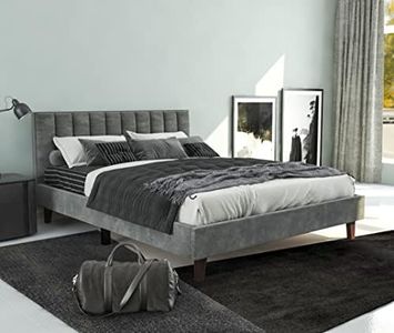 STRATA FURNITURE Sheesham Wood King Size Bed Cot Bed Furniture Upholstered Double Bed for Bedroom Living Room Home (Grey Finish)