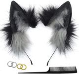 GaliaFaya Cat Wolf Fox Dog Ears Headband Handmade Faux fur Cosplay Halloween Costume Party (Black+Grey, One Size)