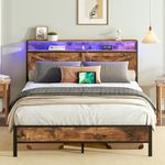 HOOBRO Full Size Bed Frame, Bed Frame with Charging Station and LED Lights, Metal Shelves Non-Slip, Noise-Free, Easy Assembly, No Box Springs Needed, Rustic Brown and Black BF01UDBF01