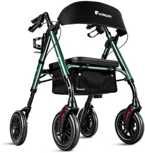 FlyingJoy Rollator Walker with Seat and Brakes, 300 lbs Adults Bariatric Walker for Seniors with Extra Wide Backrest, Lightweight Folding Adjustable Height, All Terrain Rolling Walker 8 Inch 4 Wheels
