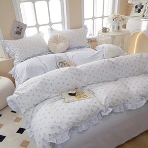 AMZTOP Chic Blue Ruffle Floral 100% Cotton Duvet Cover Queen Size Set, 3Pcs Teen Girls Flower Comforter Cover with Zipper Closure, Princess Bedding Sets 90"x90" No Comforter