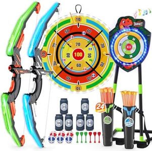 HYES 2 Pack Kids Bow and Arrow with 29" Large Dart Board, LED Light Up Archery Set with 24 Suction Cup Arrows, Indoor Outdoor Sport Dinosaur Toys Gifts for 3 4 5 6 7 8 9 10 11 12 Year Old Boys Girls