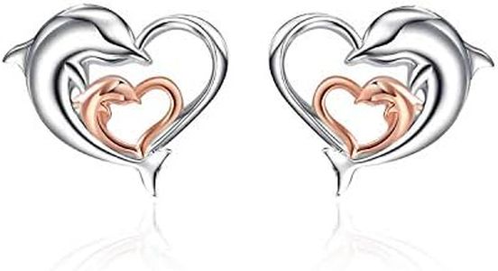 Dolphin Earrings Gifts for Women 925 Sterling Silver Gold Plated Eternal Love Heart Double Dolphin Stud Earrings Christmas Gifts for Women Girls (Rose gold dolphin earrings)