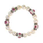 1928 Jewelry Silver Tone Faux Pearl Pink Flower Beaded Stretch Bracelet, M, Metal, Pearl